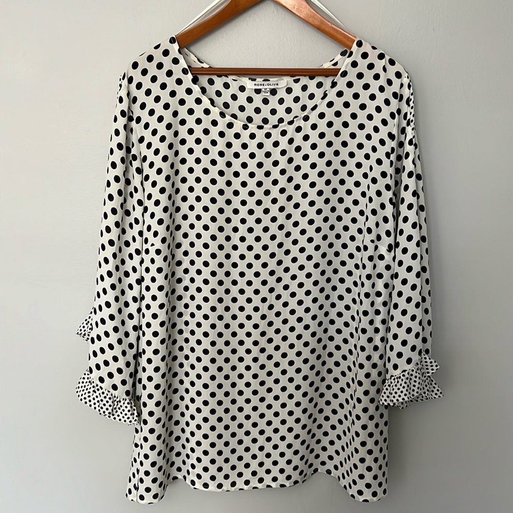 Rose + Olive Creamy White Blouse with Black Dots.